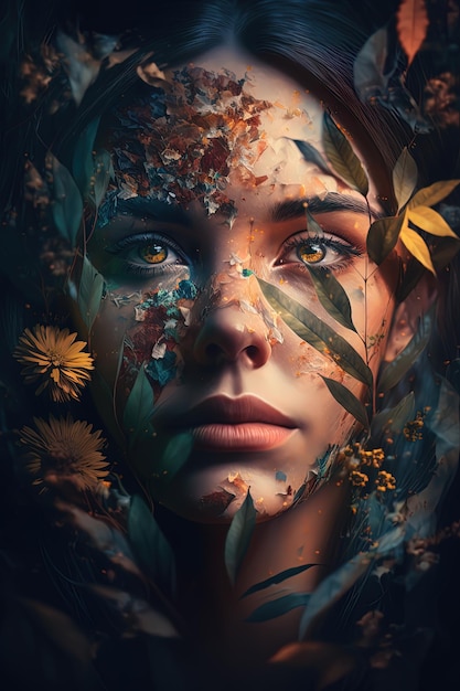 Attractive young woman with plants in her face flowers AIGenerated
