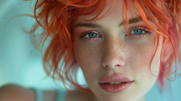 An attractive young woman with red hair wearing a short pixie crop in a studio setting