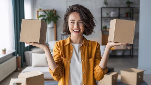 Attractive young woman with short brunette curly hair expressing suround carton in modern appartmen