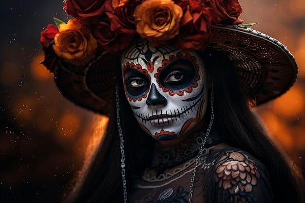 attractive young woman with sugar skull makeup