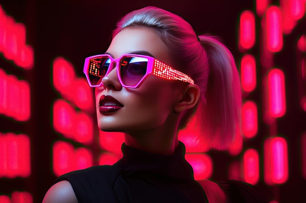 Attractive young woman with sunglasses on neon lights background