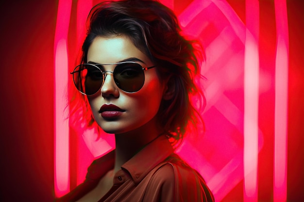 Attractive young woman with sunglasses on neon lights background