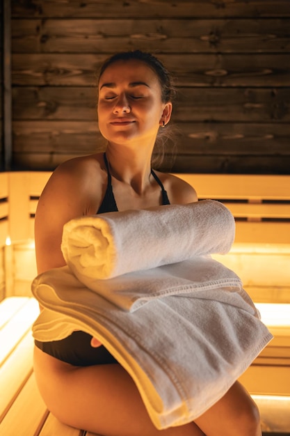 Attractive young woman with towels is relaxing in the sauna