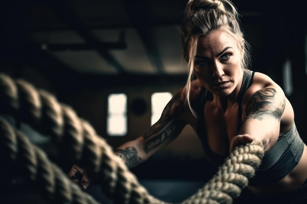 Foto ragazza attraente che si allena con le corde di battaglia in una palestra.