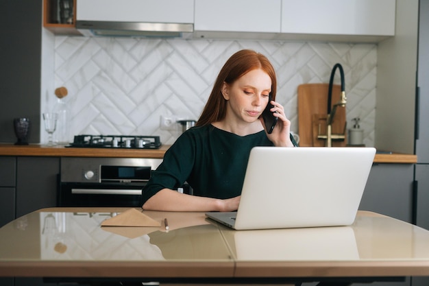 Attractive young woman working typing on laptop computer and talking on mobile phone sitting in