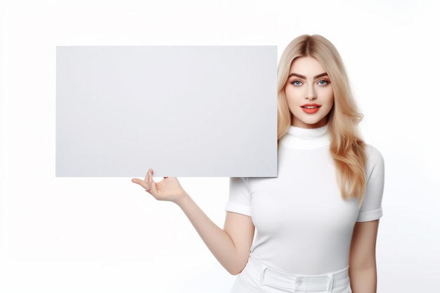 Attractive Young women holding blank sign whiteboard with white background