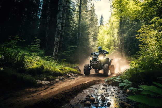 An atv bouncing over the rough and bumpy terrain of a forest trail