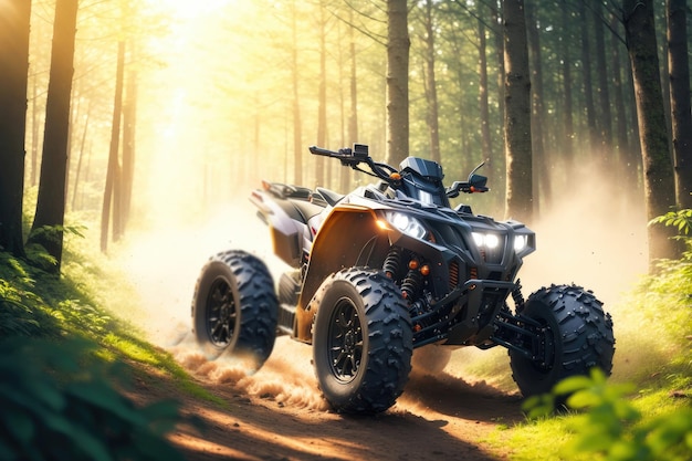 Atv snelt door het bos zweepslagen ai generatief