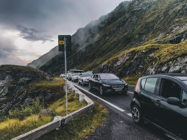 atypical view of climb Transfagarasan with many cars