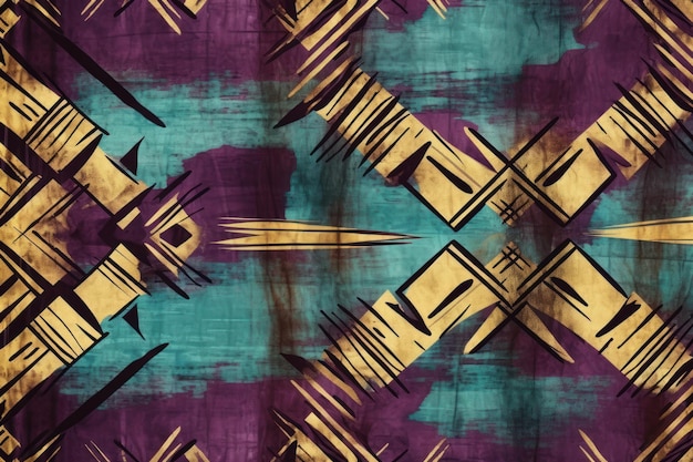 Aubergine citrine and cyan seamless African pattern tribal motifs grunge texture on textile background ar 32 Job ID 7b0e30ef82ce419bb7f26d9d2ce22230
