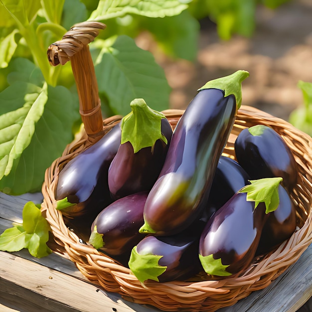 aubergine in een mand op een houten tafel