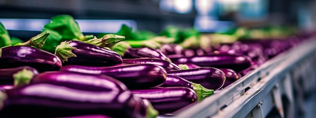 Aubergine tape in de voedingsindustrie producten klaar voor automatisch verpakken Concept met geautomatiseerde voedselproductie Generatieve AI