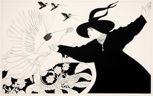 Ai의 생성기 위로 날아가는 비둘기를 그린 Aubrey Beardsley 그림