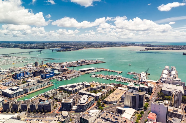 Auckland bridge and harbour view from observation deck on a sunny day