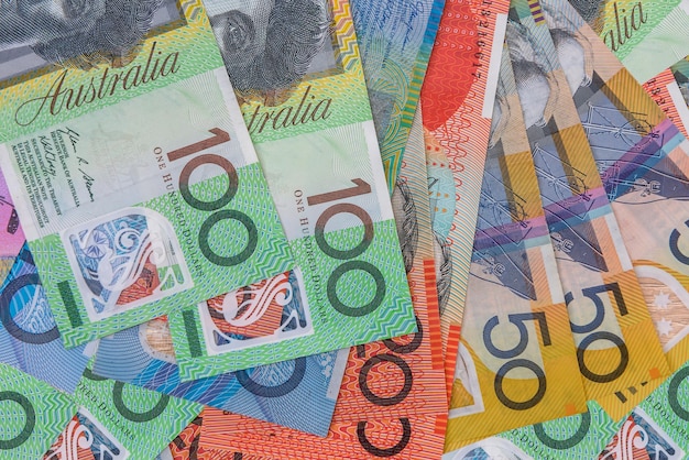 Photo aud or australian note currency as finance background money and finance