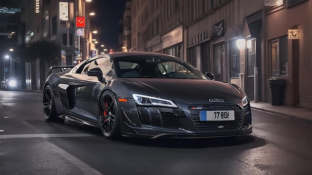 a audi r8 in glowing night street