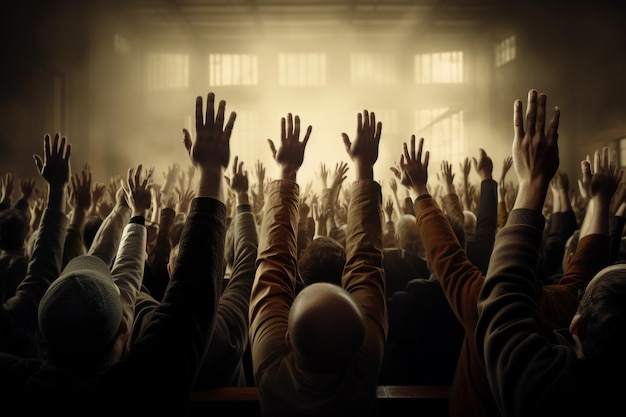 Foto pubblico presso la sala conferenze con le mani alzate in aria