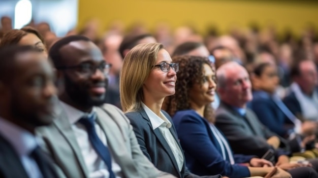 Photo audience leasting speaker at business conference generative ai