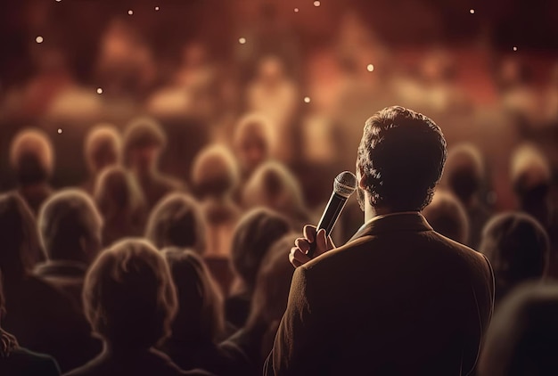 an audience listens to a male speaker on a microphone in the style of soft focus nostalgia