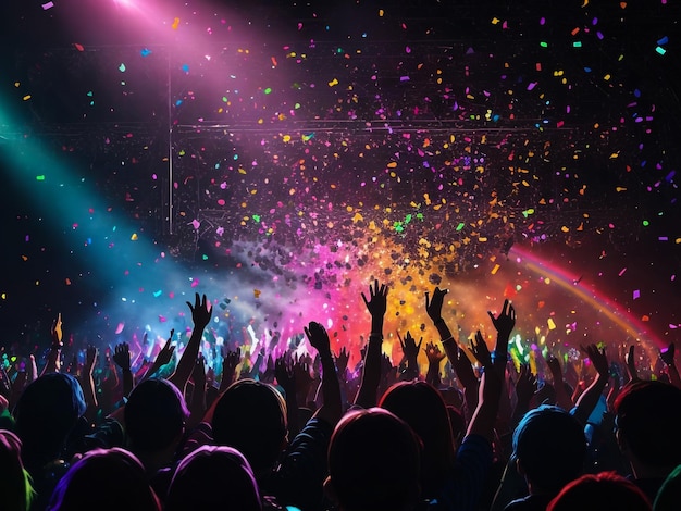 The audience raised hands at a concert in rock club