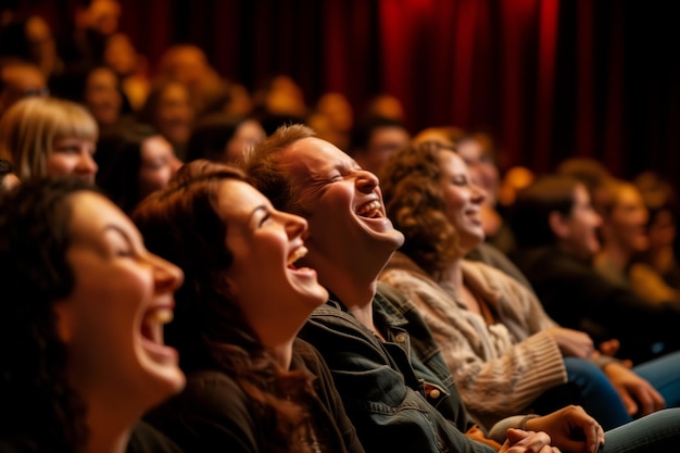 Audience in a theater laughing at a standup comedians performance