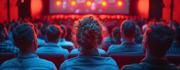 Audience watching a performance in a theater with stage lights in the background