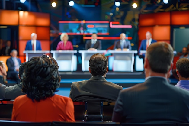 Photo audience watching a political debate with candidates on stage