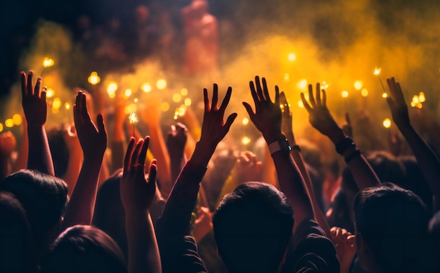 Audience with their hands out and light beams behind them at an open air concert