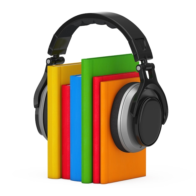 Audio Book Concept. Black Wireless Headphones with Books on a white background. 3d Rendering