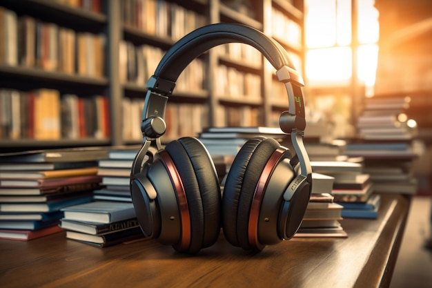 Audio book haven Headphones surrounded by stacks of books at the library