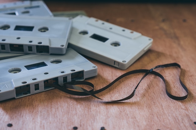 Audio cassette tapes on wooden table