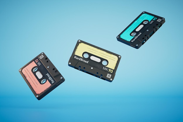 Audio cassettes scattering on a blue background 3D render
