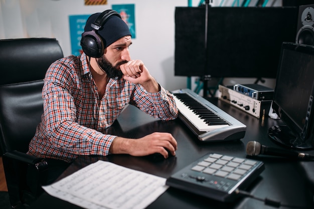 Audio engineer in headphones work with musical keyboard in studio. Professional digital sound record technology