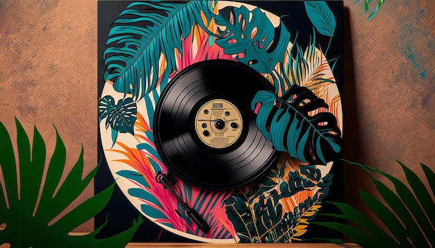 オーディオ蓄音機レコード パーム 90 年代パーティー デザインのレトロな色でモダンなコラージュ