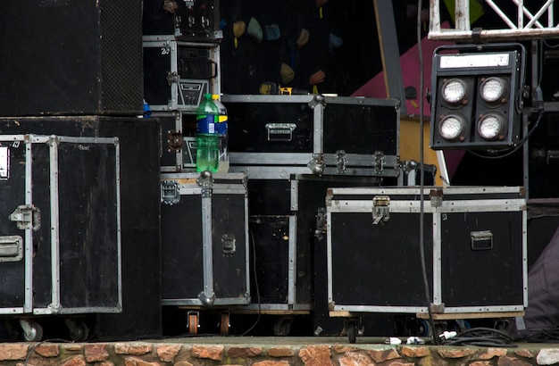 audio and lighting equipment ready to set up a stage