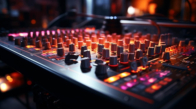 Audio mixing console in a recording room closeup view