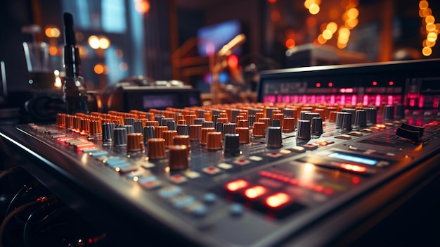 Audio mixing console in a recording room closeup view