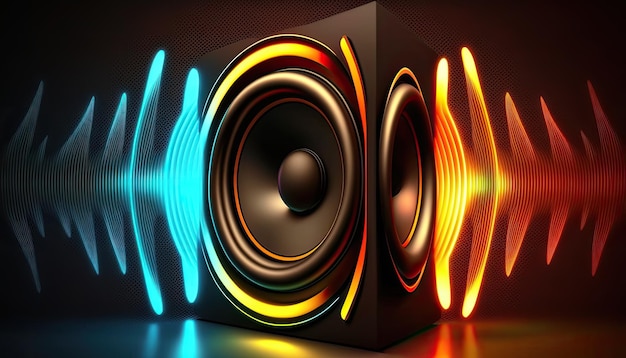 Audio sound load speaker with colorful neon glowing audio waves powerful surround sound from speaker