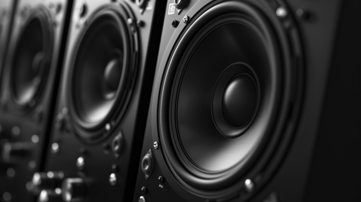 Photo audio sound speaker system black loudspeakers in a row