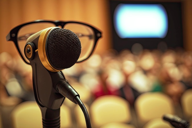 Audio speaker in glasses with microphone on stage at conference generative ai