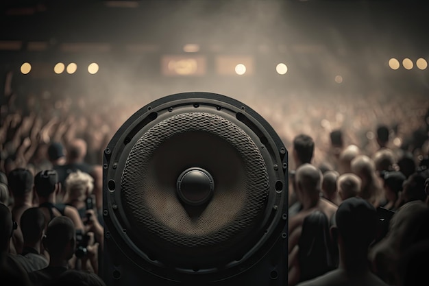 Audio speaker in the middle of a stage with a blurred view of the audience behind