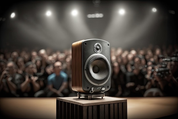 Audio speaker mounted on a stand with the stage and audience visible behind it