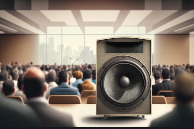 Photo audio speaker on stage with view of busy office and employees in the background