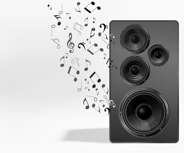 Audio speaker with flying out nones and treble clef. Music background. Studio monitor. Subwoofer, front view