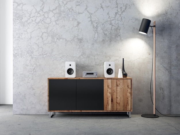 Audio stereo system mockup with white speakers on bureau in modern interior 3d rendering