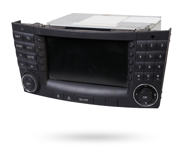 an audio system and a radio in gray and black plastic of car with cd and mp3 music on white isolated background