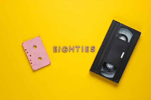 Photo audio and video cassette with the word eighties