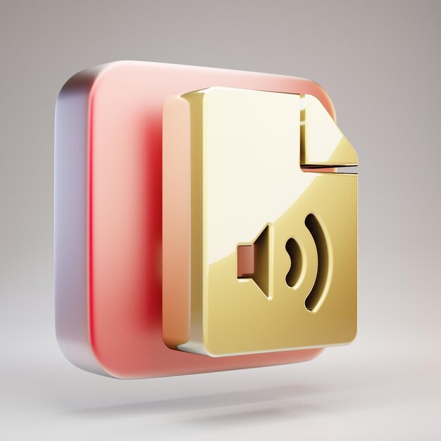 Audiobestand icoon. Gouden audiobestand symbool op rode mat gouden plaat. 3D-gerenderde sociale mediapictogram.