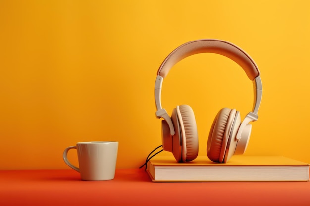 Audioboekconcept met koptelefoon en boeken op een kleurrijke achtergrond