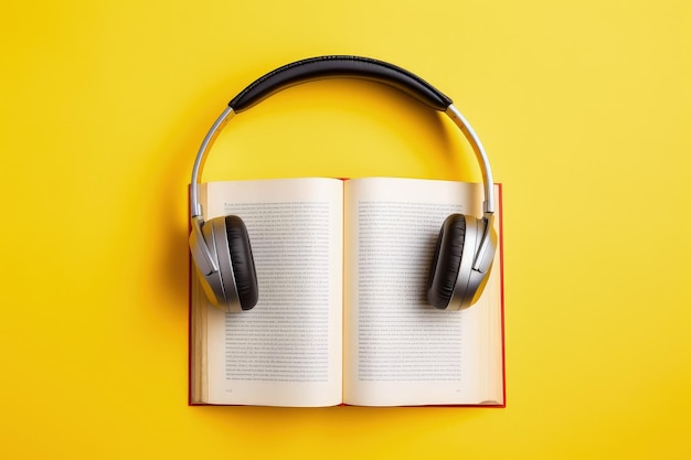 Audioboeken gevisualiseerd Koptelefoon op boek Gele achtergrond kopieerruimte